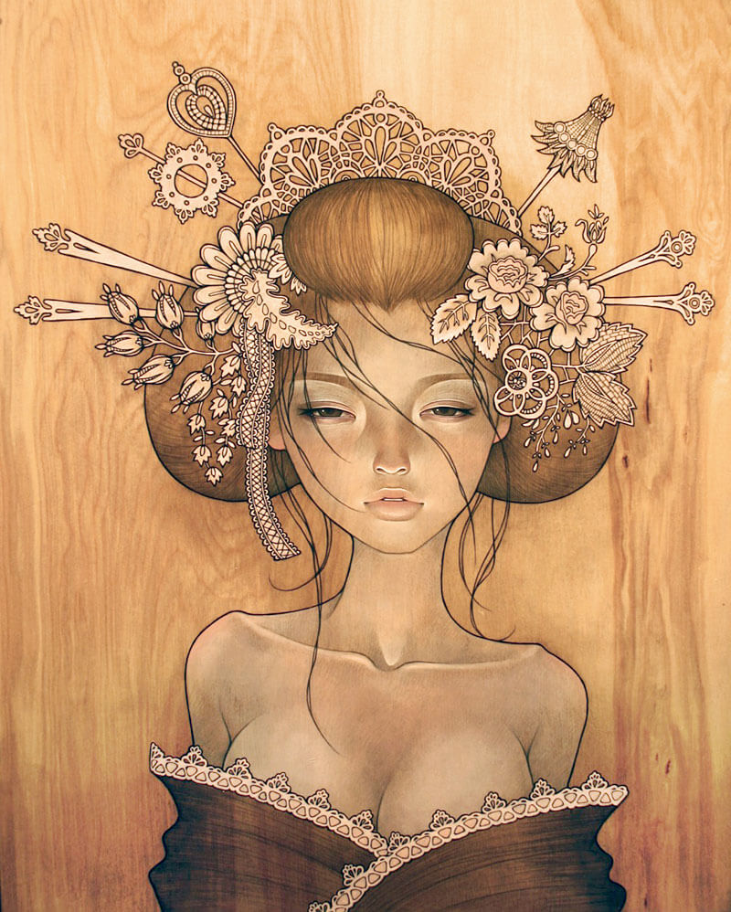 Audrey Kawasaki dipinti ad olio su tavola di legno