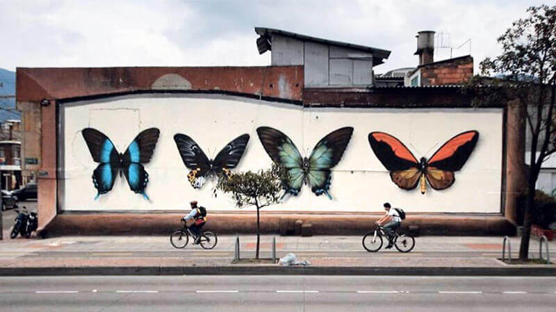 Mantra street artist trompe l'oeil con farfalle giganti 