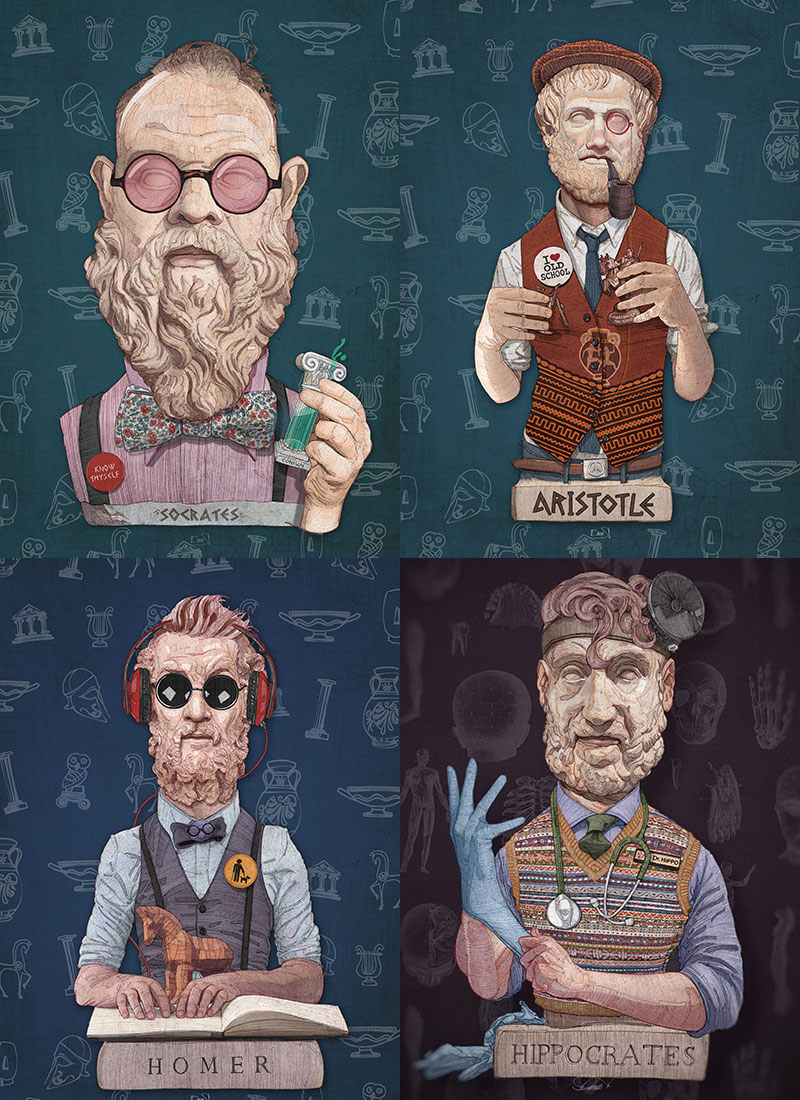 Stavros Damos - The "Wise Reinvented" serie di illustrazioni di filosofi greci